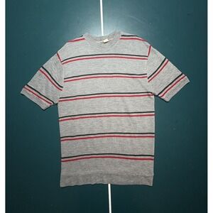 Vtg 60s Striped Sweater T Shirt Medium 100% Virgin Orlon Acrylic Knit Shirt Gray